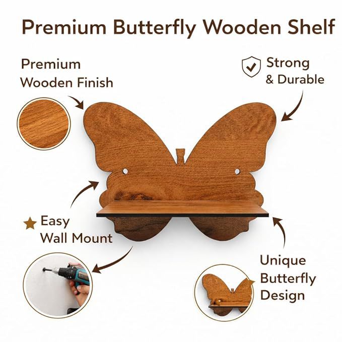 Butterfly-Shaped Wooden Wall Shelf | Decorative Floating Wall Shelf | Rustic Home Décor Display Rack