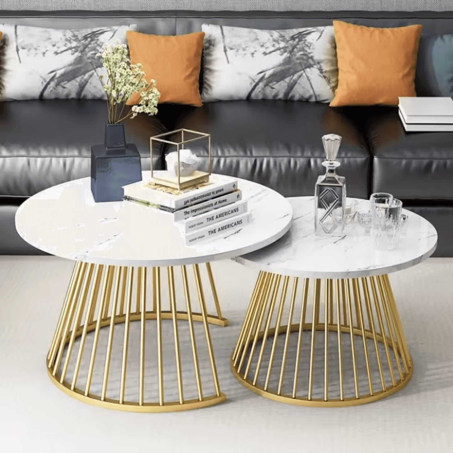 Wooden Twist Ornate Circular Design Round Coffee Table Set of 2 with Marble Top wooden-Like Finish for Modern & Elegant Living Room