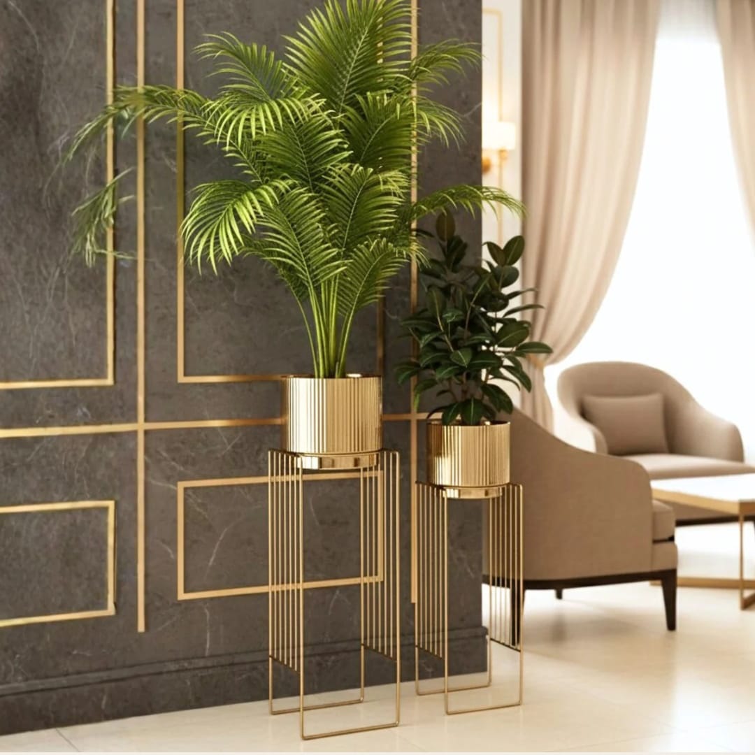 Set of 2 Golden Metal Planter Stands with Decorative Pots