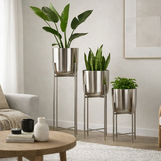Premium Stainless Steel Planter Stand Set of 3 | Modern Metal Flower Pots with Stands | Luxury Indoor Plant Holders