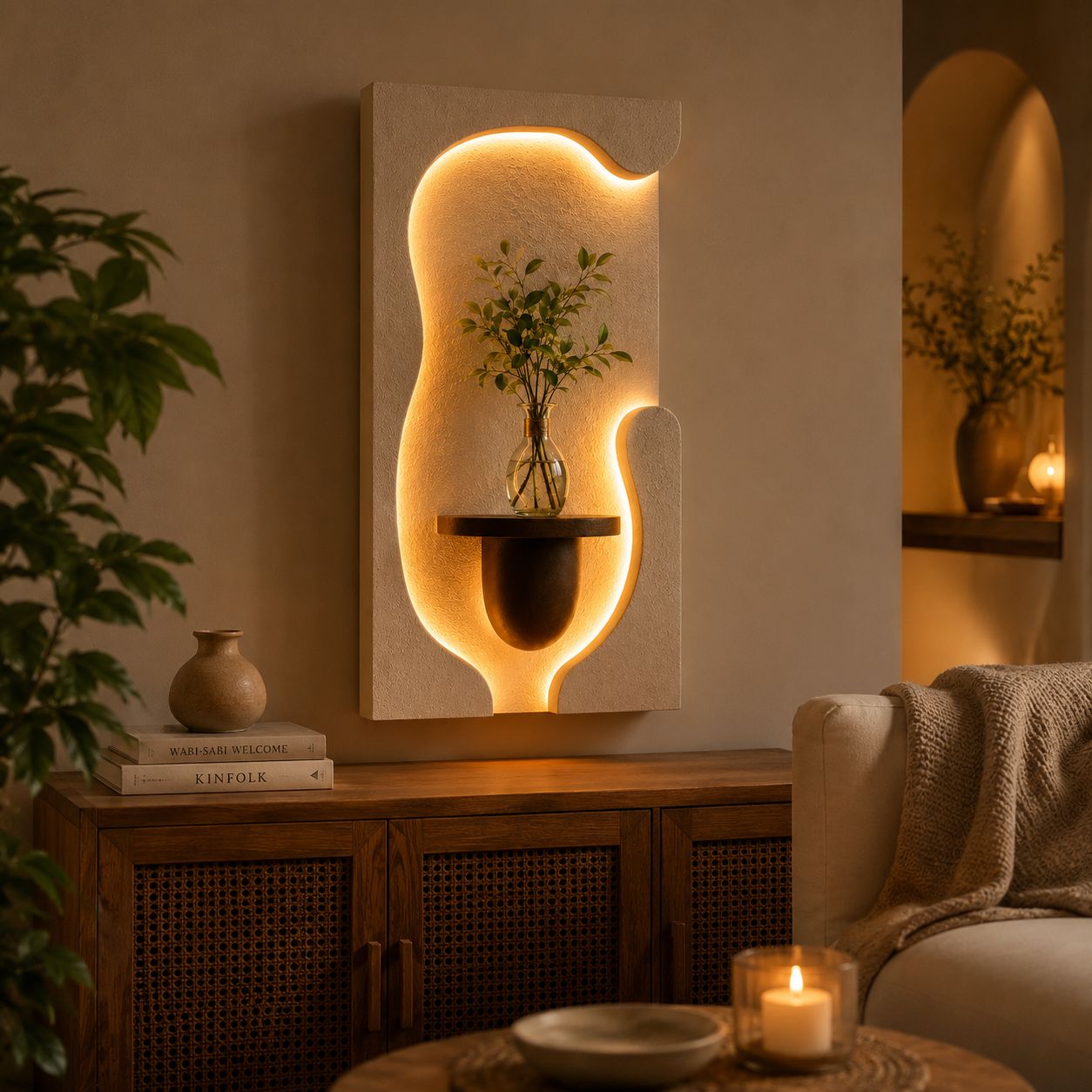 Modern LED Wall Shelf with Vase Holder – Decorative MDF Wooden Wall Art for Living Room