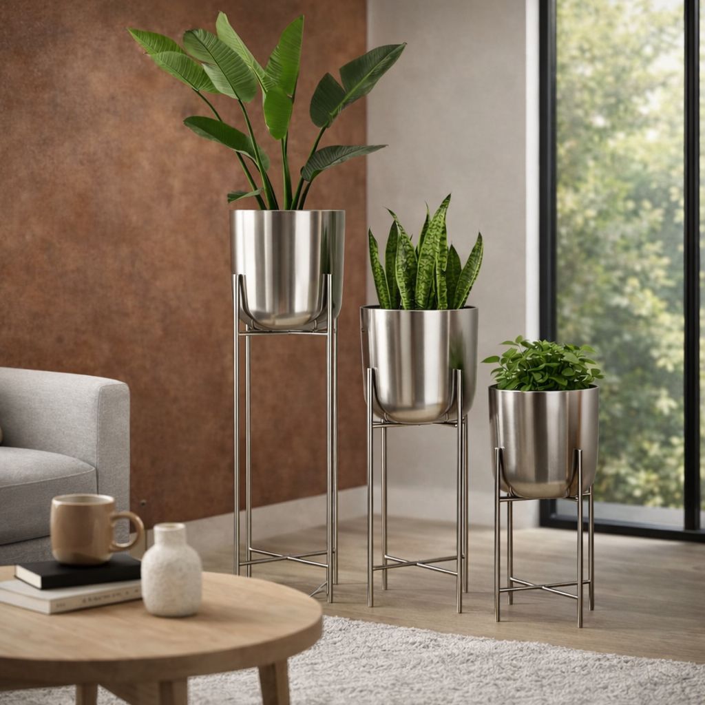 Premium Stainless Steel Planter Stand Set of 3 | Modern Metal Flower Pots with Stands | Luxury Indoor Plant Holders