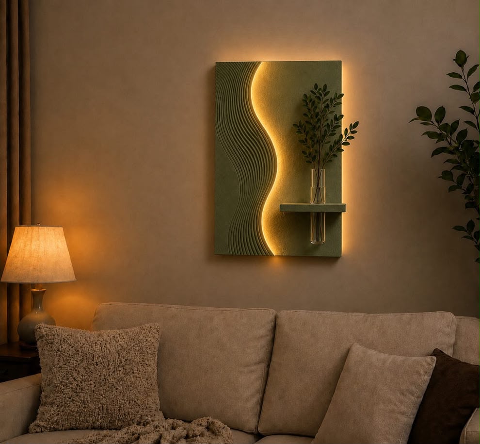 Modern Textured Wave LED Wall Decor with Vase Shelf | Minimalist Wall Art