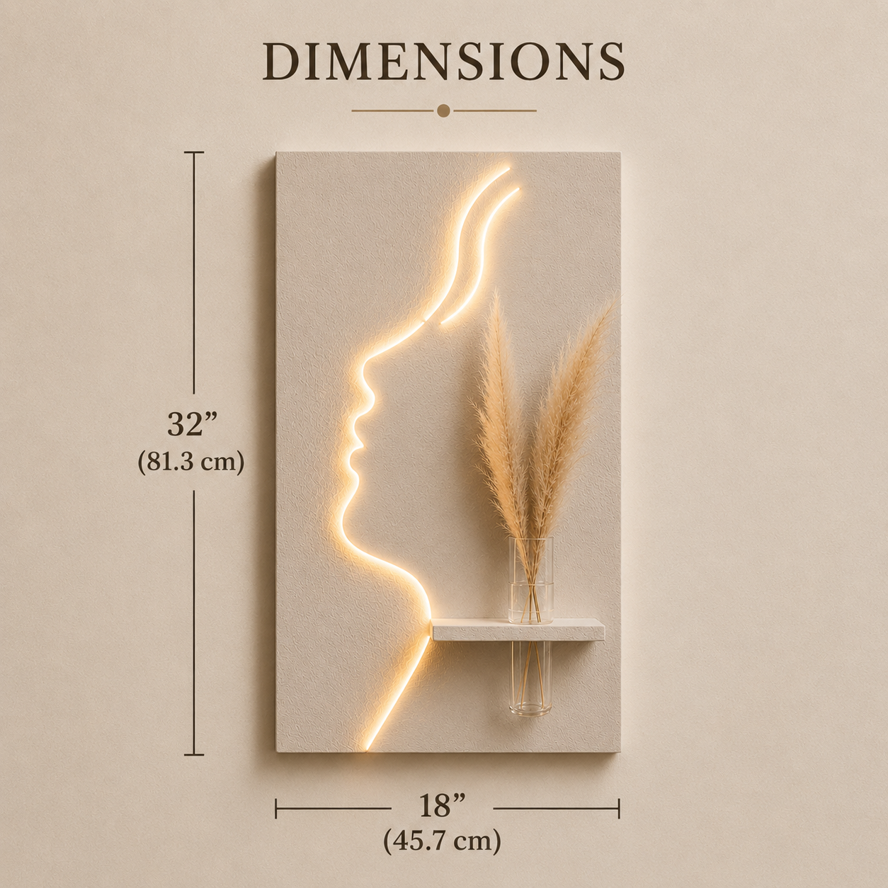 That's a beautiful piece — a glowing face silhouette LED wall art with a mini shelf and pampas grass. Very on-trend for home decor! 🌿✨