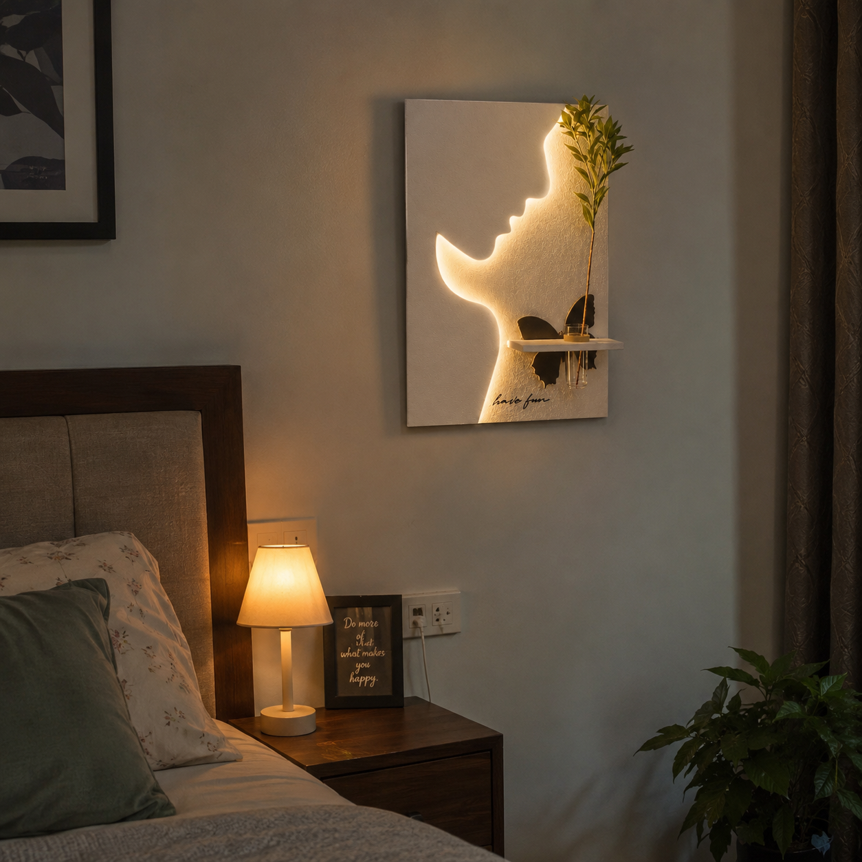 LED Face Silhouette Wall Decor with Rose Vase & Heart Accents