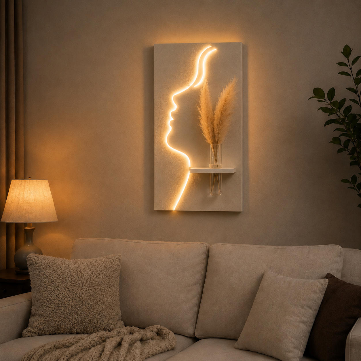 That's a beautiful piece — a glowing face silhouette LED wall art with a mini shelf and pampas grass. Very on-trend for home decor! 🌿✨