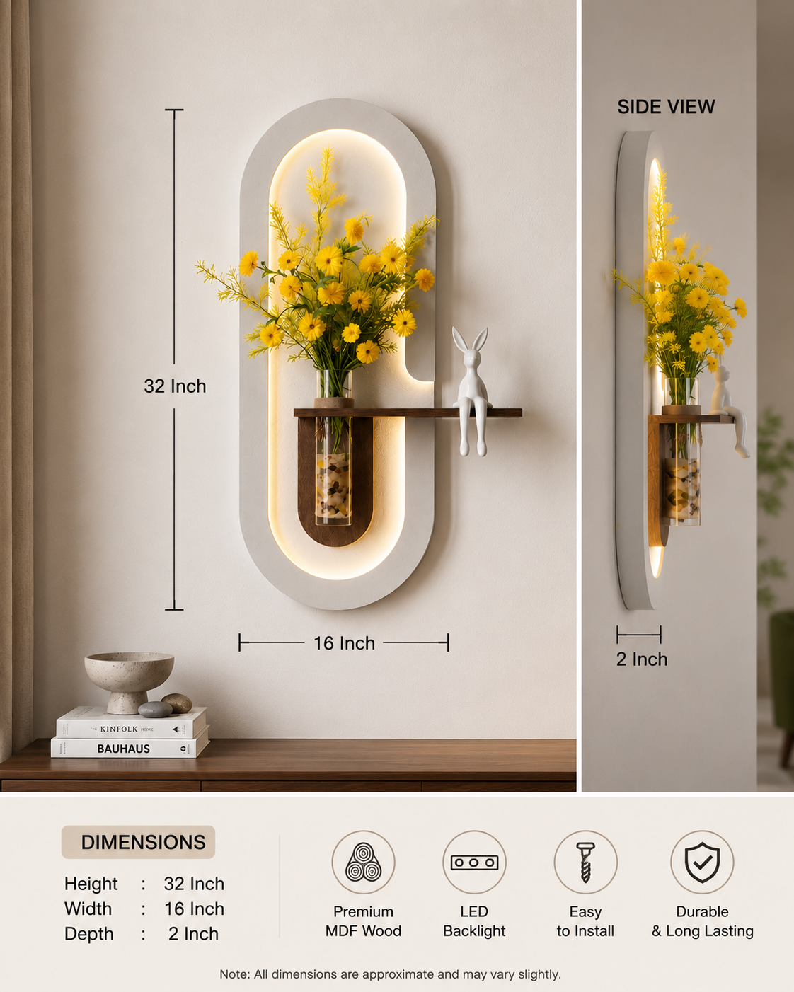 Modern Wall Decor with LED Flower Vase Shelf