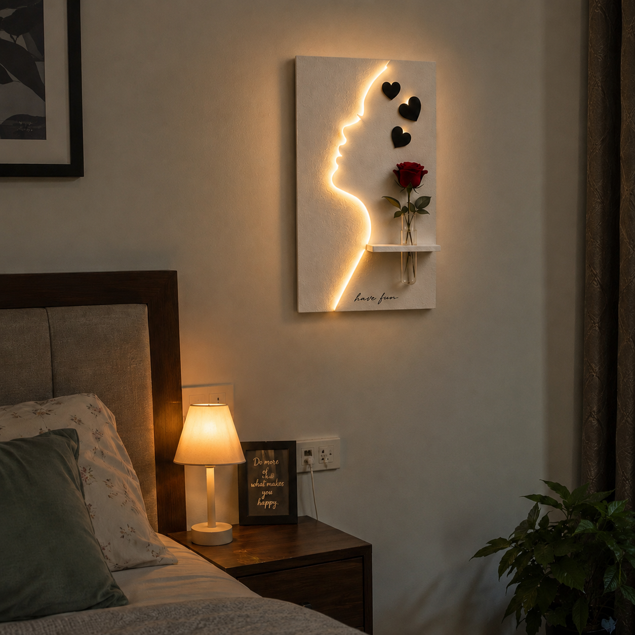 Aesthetic Neon Face Wall Art with Floating Shelf & Heart Decor
