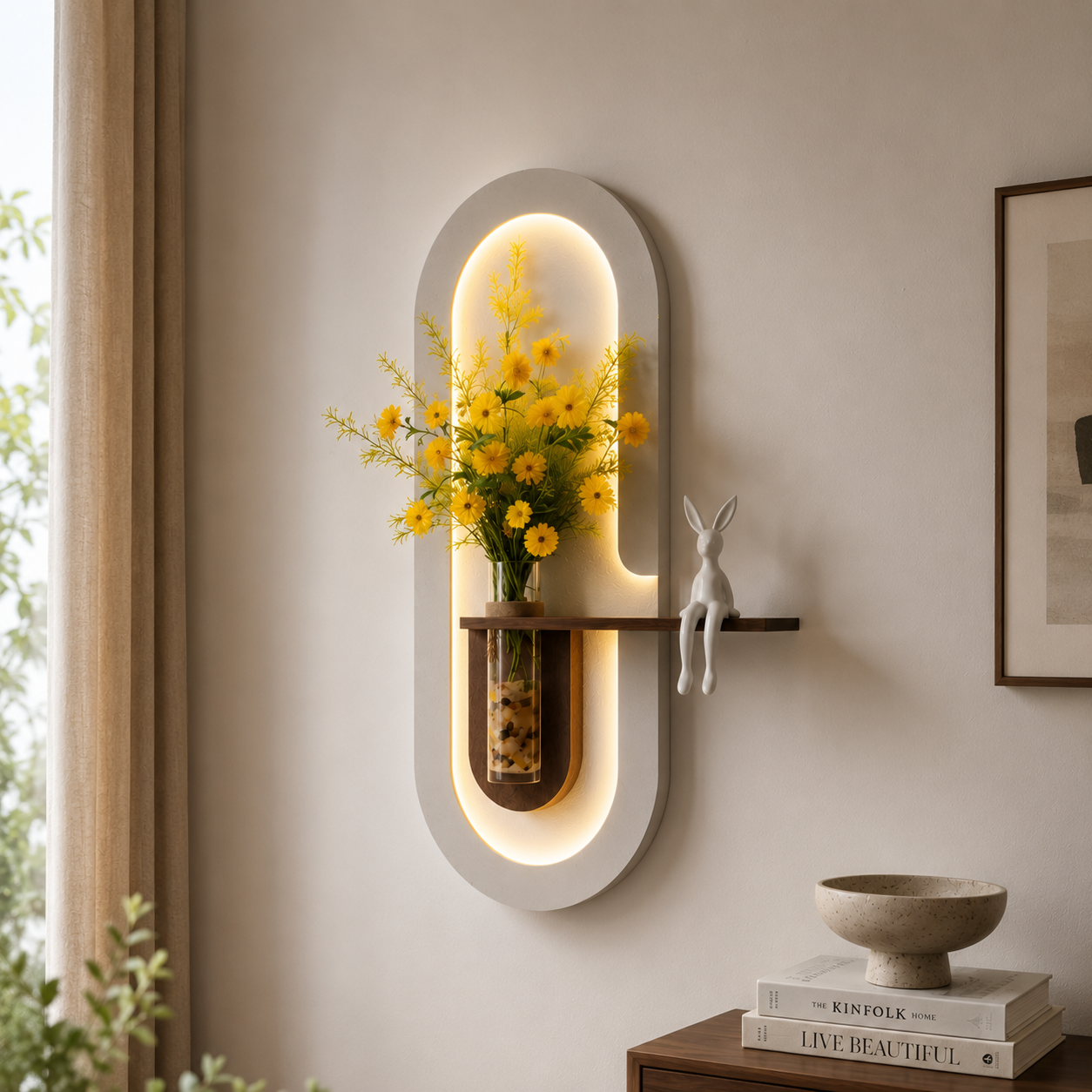 Modern Wall Decor with LED Flower Vase Shelf