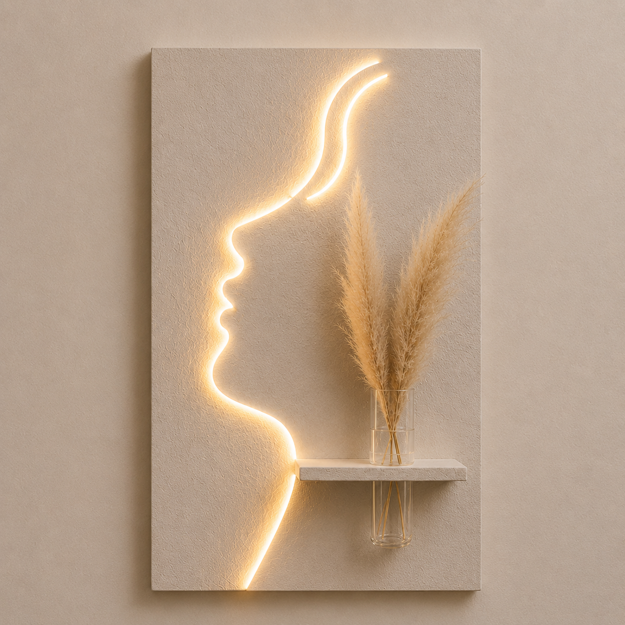 That's a beautiful piece — a glowing face silhouette LED wall art with a mini shelf and pampas grass. Very on-trend for home decor! 🌿✨