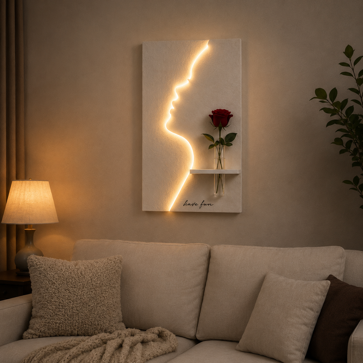 Aesthetic Neon Face Wall Art with Floating Shelf & Heart Decor