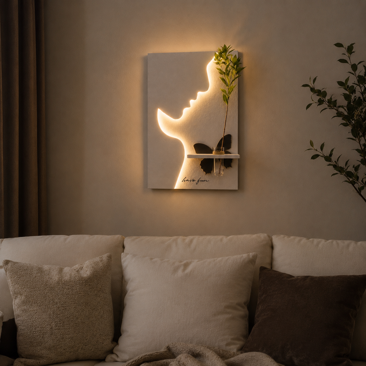 LED Face Silhouette Wall Decor with Rose Vase & Heart Accents