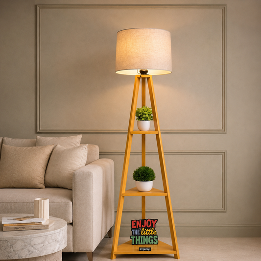 Modern Wooden Floor Lamp with Storage Shelves | Decorative Tripod Standing Lamp for Living Room, Bedroom & Office | Fabric Shade