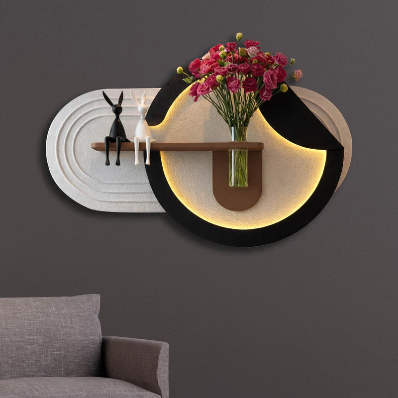 Modern Round LED Wall Shelf with Flower Vase & Decorative Art Panel