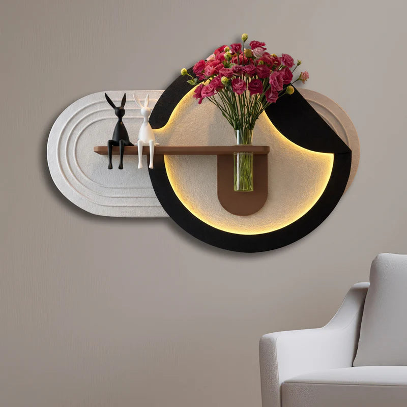 Modern Round LED Wall Shelf with Flower Vase & Decorative Art Panel